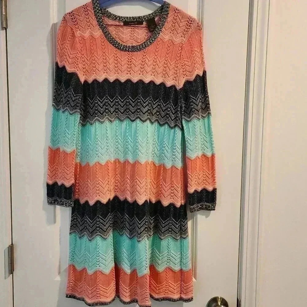 Heather B Knit Dress Small Striped Chevron Coral Blue Lightweight Cotton